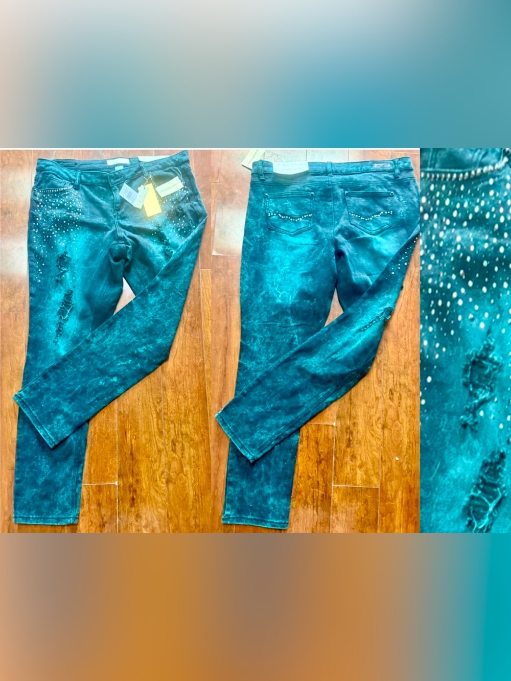 Almost Famous Mid-Rise Teal Acid Wash Rhinestone Distressed Jeans Size 16~NWT